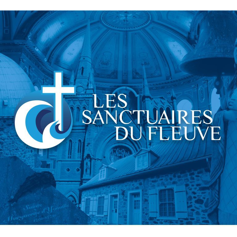 Logo des Sanctuaires du Fleuve, une croix qui sort d'une vague avec des photos de lieux religieux en fond tramé