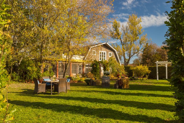 Arrière-cour paisible à West-Brome avec jardin, arbres et terrasse ensoleillée