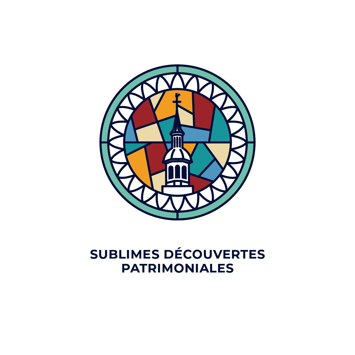 Logo du circuit Lieux Patrimoine Religieux, représentant une église sur un fond de vitraux avec le slogan Sublimes Découvertes Patrimoniales