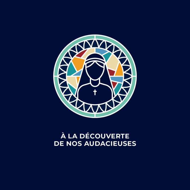 Logo du circuit Personnage Religieux, représentant une religieuse sur un fond de vitraux avec le slogan À la découverte de nos Audacieuses.